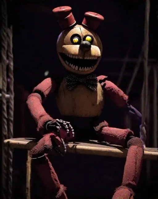 Prompt: 
Take a photo of The Puppet from five nights at Freddy's . The photo should be in the style of Tim Burton, with a dark and twisted aesthetic.