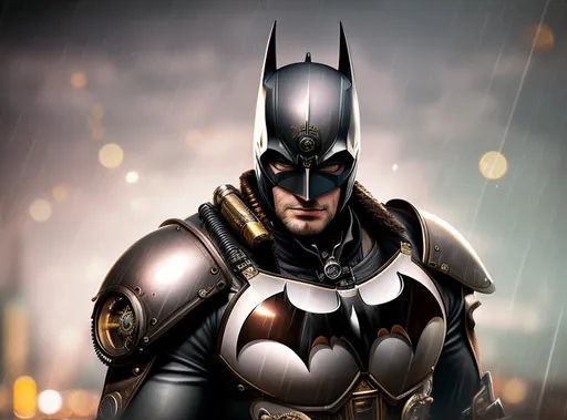 Prompt: steampunk Batman, (masterpiece, best quality:1. 2), photorealistic, sophisticated, 1 men, full body, muscular,  delicate face, detailed eyes, sharp pupils, realistic pupils, facelight, real skin, firm skin, ultra detailed, depth of field, bokeh