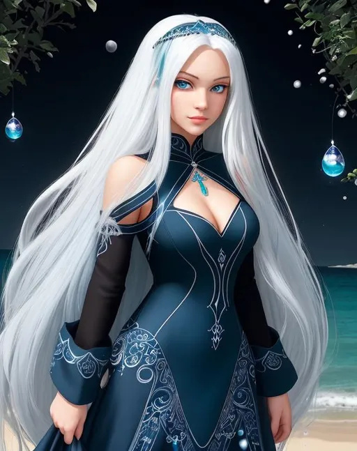 Prompt: A beautiful young 15 year old ((British)) Water elemental princess with light skin and a beautiful face. She has long white hair and white eyebrows. She wears a beautiful slim dark blue dress. She has brightly glowing dark blue eyes and water droplets shaped pupils. She wears a blue tiara. She has a blue aura around her. She is standing by a beautiful beach with a blue sky behind her. Beautiful scene art. Scenic view. Full body art. {{{{high quality art}}}} ((goddess)). Illustration. Concept art. Symmetrical face. Digital. Perfectly drawn. A cool background. Five fingers