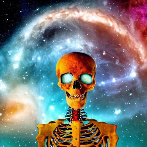 Prompt: Facial skeleton in cosmos of universe with galaxy back ground and flying house with dog 
