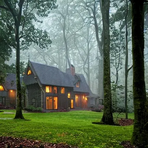 Prompt: A mystical cottage-style estate surrounded by foggy woodland on rainy day