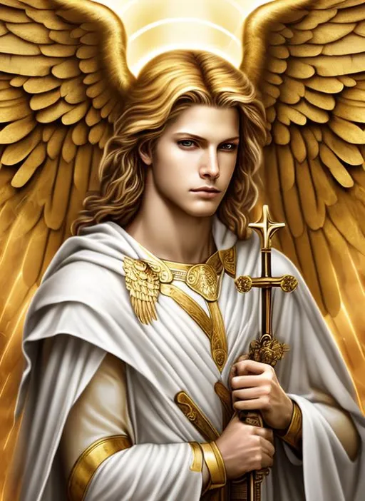 Prompt: Angel, halo, radiant golden light, seraph, six wings, photo realistic, Male, warrior, ancient, wallpaper, St michael, catholic