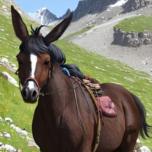 Prompt: 8k, realistic mule, black legs, spotted hair, traveling down steep mountain side, 