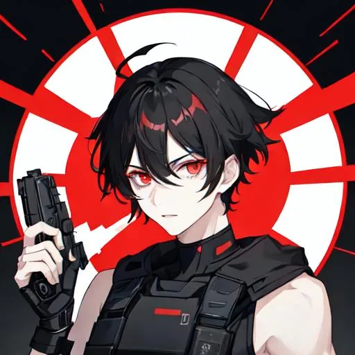 Prompt: 1male (pale) (black hair that just goes past his shoulders) (red eyes) he's holding a gun, nuclear fallout