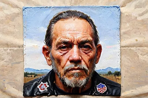 Prompt: Sonny Barger Founder HELL'S ANGELS  MOTORCYCLE CLUB FOUNDER Oaklands Death head patch