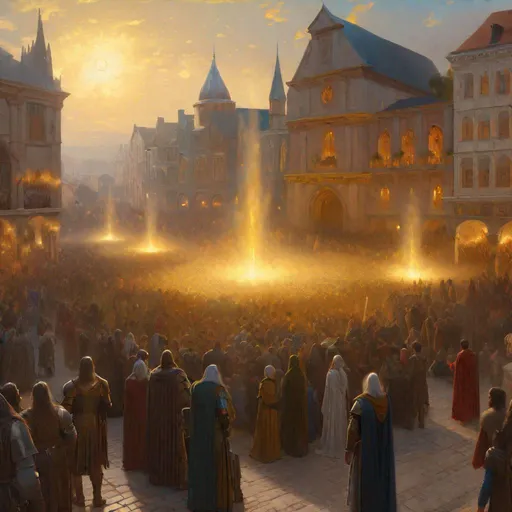 Prompt: God of light appearing before their followers, a large gathiring of people on a city square, bustling town square, medieval fantasy, high-fantasy,, Greg Rutkowski, John William Waterhouse, full hd, high quality, 4k, trending on artstation, oil painting, intricate, highly detailed,