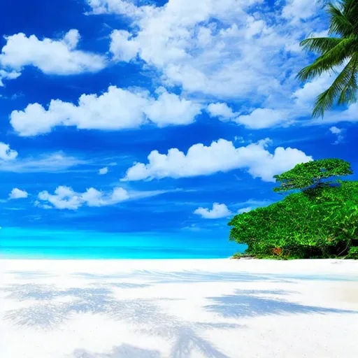Prompt: A serene beach with crystal clear water, white sand, blue sky, White cloud, Birds, like those found in the Caribbean or the South Pacific HDR ultra realistic