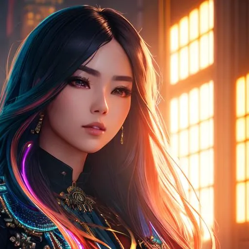 Prompt: greg rutkowski,

neoclassical architecture, 

portrait of beautiful kpop idol, hyperdetailed intricate long hair, strands of stray hairs, cyberpunk,

64k resolution, cinematic lighting, glowing sunshine, glowing light, volumetric lighting maximalist photo illustration 64k, resolution high res intricately detailed complex,