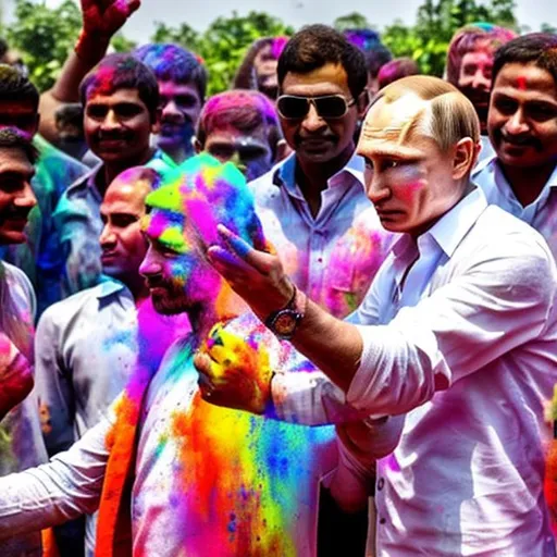 Prompt: Vladamir Putin playing Holi in india