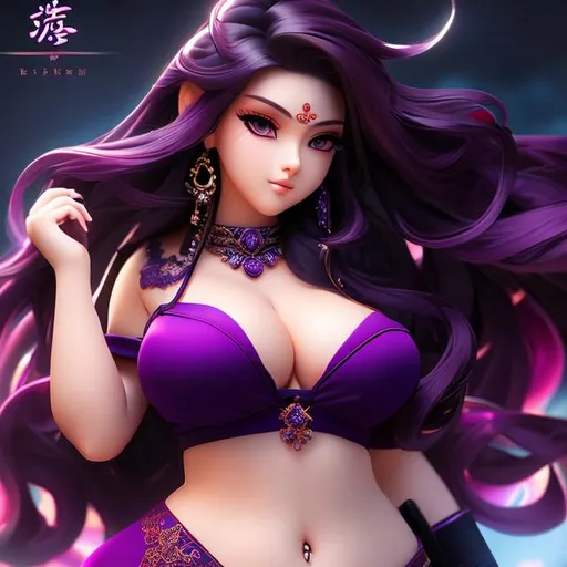 Prompt: anime style, full body, chubby female model, shapely body, standing in temple, Oni, long hair, dark purple hair, Detailed Face, intricate eyes, purple iris, Perfect anatomy, showing skin, Japanese, shadows, extremely high detail,  midriff, deep cleavage, 
