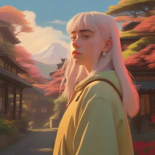 Prompt: ghibli movie character based off of billie eilish in 2023, consistent lighting and mood throughout