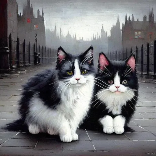 Prompt: fluffy black and white cat and smooth heard black and white cat smiling style of lowry