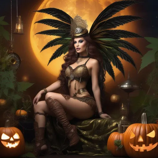 Prompt: Wide angle. (Ultra-precise depiction), (Ultra-detailed depiction), ((best quality beautiful and aesthetic:1.2)  {{Halloween night}}.  Shes a ((colorful)). steam punk, belly dancer (Witch). A (spectacular defined), winged. Cannabis fairy. A very beautiful,  buxom,  shapely woman. {{{{Anatomically real hands}}}}. {{vivid}}, {{colorful}}, {{extremely, {{bright eyes}}, ((ultra detailed)), ((absurd res)), Epic, (((masterpiece))).  Enscape render. She is wearing a skimpy. {{{colorful}}}. {{gossamer}}, {{flowing outfit}}. {Sony a7 IV} , solo ((trending on Artstation)). concept art