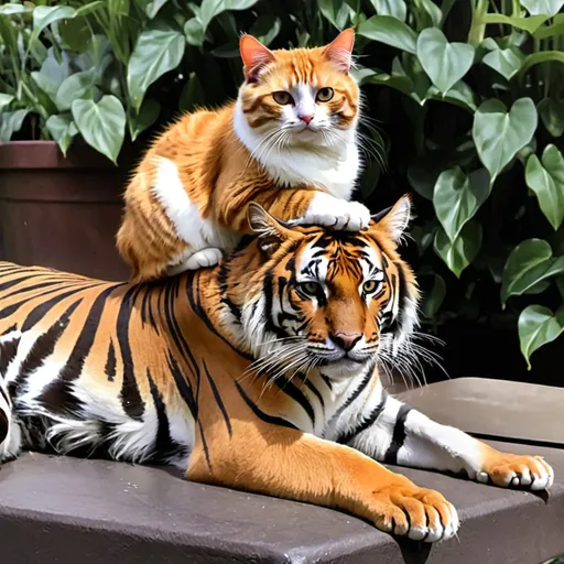 Prompt: Cat sitting on tiger back
