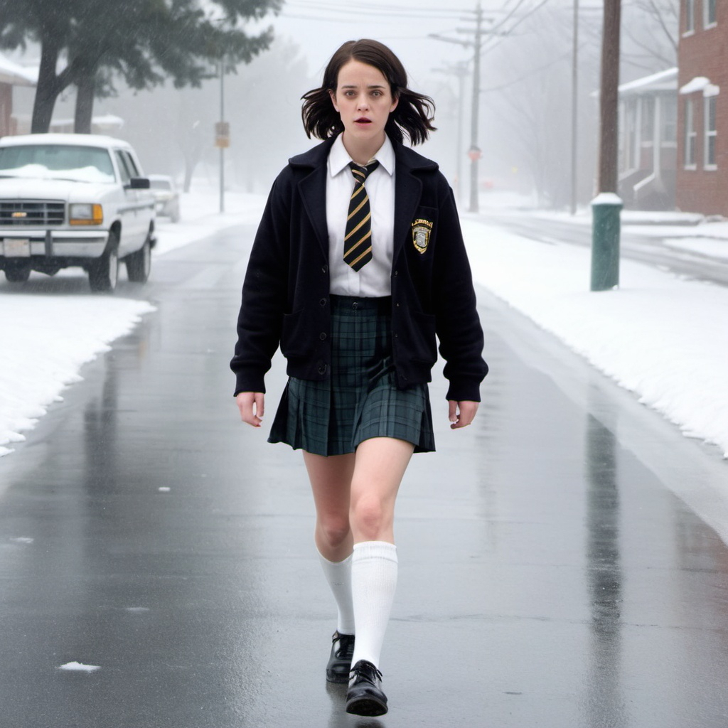 Jenna Malone as a brunette schoolgirl with cold bare... | OpenArt