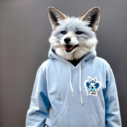 Prompt: Light blue anthropomorphic fox, white chest and front paws, grey stipes on hind legs and tail, white tips on his ears, human look and standing upright, wearing a black hoodie, oil painting, realistic