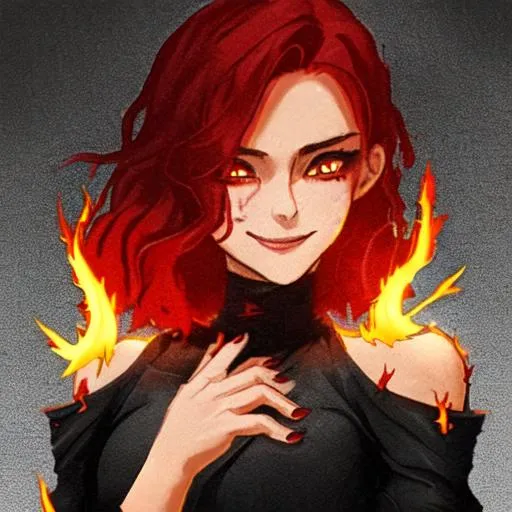 Prompt: She is wearing a rode black, Her hair is red dark red and a little is coming out from the clocke ,There is a flame in her hand ,Her eyes are hafe open and her eyes are red and yellow ,and she had a smile 