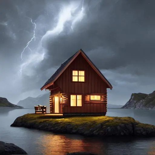 Prompt: Norwegian wooden house with a smaller tiny house lonely in a small island, light in cosy houses, night, storm, storm rage, dark, rocks, viking, stunning landscape, rage, mystic, intricated, 8K, 4K, ultra high definition, picture, award winning, wallpaper, complex dark colors, heavy clouds