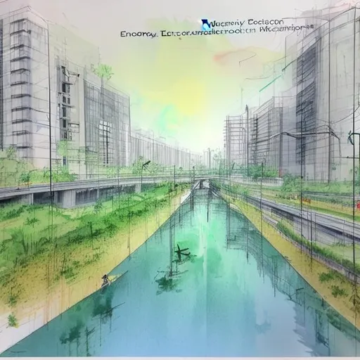 Prompt: economy education and ecology urban wetland park metro line rivar canels urban concept diagram water color sketch 