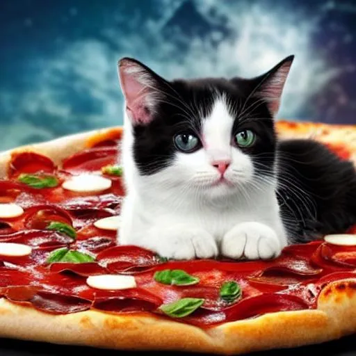 Prompt: a cute cat in space, 4k, realistic, artstation. giant pizza