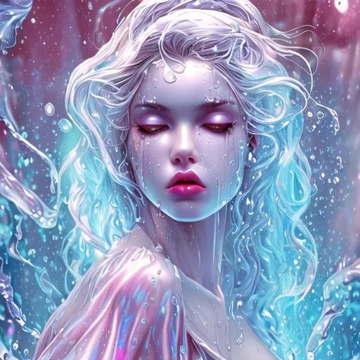 Prompt: Cosmic Epic Beautiful woman (Beautiful melancholy (goddess) liquid satin woman)), Lipgloss skin, Beautiful melancholy, pink lips (white t-shirt, proportional body, looking away), rain (wet hair, wet clothes, transparent effect of clothes, splashes water), light ((water reflection, cinematic light, high detail, dramatic light, intricate detail, high quality), (water droplets, different reflections, sharp light, harsh reflection)), water particle effect (many water particles, rainbow particles, scatter particles), 