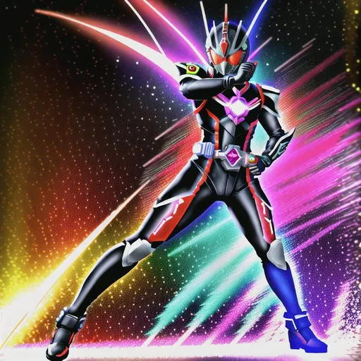 Prompt: Kamen Rider Blaster, High quality, Highly detailed, Kamen Rider Zero One, Kamen Rider Geats, Kamen Rider Drive, Kamen Rider Ex-Aid, Explosions, Flames, Blue and Red ambient colors