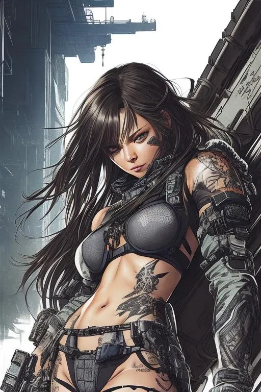 Prompt: (((Yoji Shinkawa))), sticker of an ultra-detailed portrait of Mila Kunis wearing (black lace mech armor), high-quality cell shaded illustration in post-apocalyptic style by Yoji Shinkawa, ((full body)), face tattoo, dynamic pose, perfect anatomy, tattoos centered, freedom, soul, long black hair, approach to perfection, cell shading, 4k, cinematic, dramatic atmosphere, watercolor painting, global illumination, detailed and intricate environment, artstation, concept art, fluid and sharp focus, volumetric lighting, cinematic lighting, Art by Yoji Shinkawa,