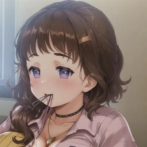 Prompt: chubby girl, working in a coffee bar, big belly, short brown hair with big violet gradient, Dark blue eyes, wearing a floral-print blouse under a checked jacket,  tight jeans, thick thighs, busty, outgoing, hapy expression on face with mouth slightly open, outgoing, full body, very detailed clothing, yellow hair clip, necklace, 2 bracelet on right hand