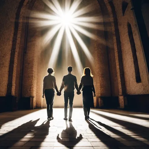 Prompt: A team of male and female ministers holding hands around a  a church that contains great light