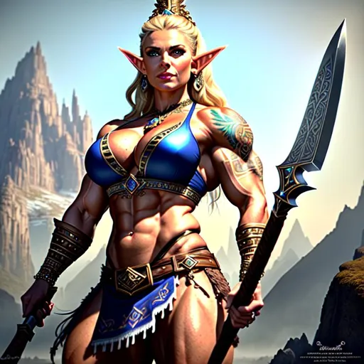 Prompt: {{{{the highest quality concept art masterpiece full body view}}}}, 
{{muscular female bodybuilder fit toned skin sweaty }}

{{Nordic tattoos}}
{{dessert background}}
portrait, Insanely detailed photograph of an elaborate and enigmatic hyperdetailed elf barbarian queen wielding a huge axe, realistic, cinematic, intricate and hyperdetailed, fantasy art, album cover art, 3D soft lighting, world of warcraft