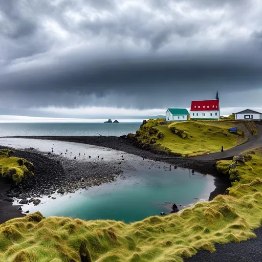 Prompt: landscape, iceland inlet, very small fishing village, flock of birds in the sky, ocean, stormy, 24mm lens, f/2.8, extreme wide shot, 5 stop, daytime background, bokeh, centered, horizontally symmetrical, soft lighting, dramatic lighting, rule of thirds, tonemapping, ultra high quality octane render, 4k, 3D Blender Render, hypermaximalist