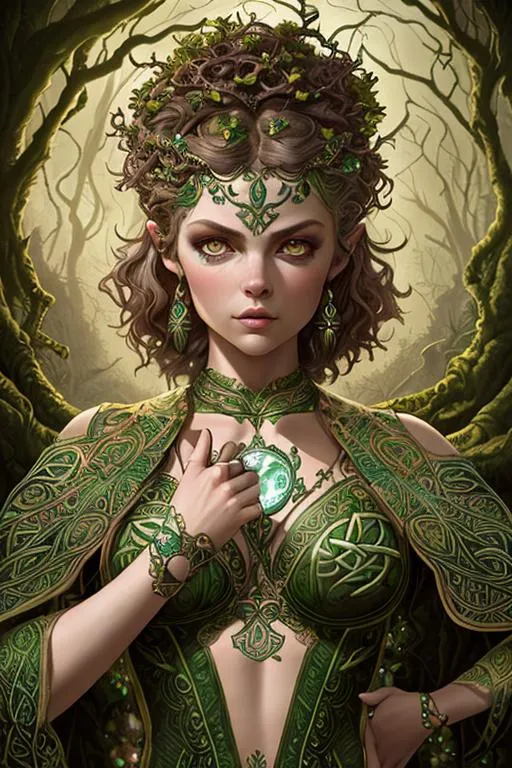 Prompt: Beautiful celtic tribal elaborately Detailed dryad girl, Julia Voth Camren Bicondova, hypermaximalist, By Tom Bagshaw, By peter mohrbacher, Medium Close Up, 16k, Award-winning, Back-lit, Rtx Enabled, Complimentary colors, HDR, 