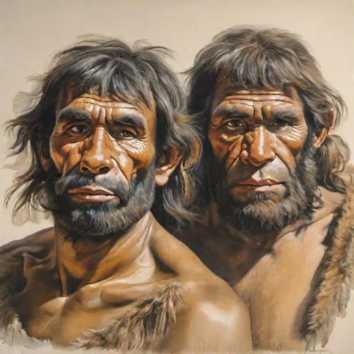 Prompt: A portrait of two Neanderthal men