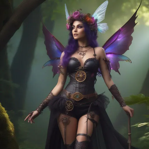 Prompt: ((Epic)). ((Cinematic)). Shes a colorful, Steam Punk, goth, witch.  ((distinct)) Winged fairy, with a skimpy, ((colorful)), gossamer, flowing outfit, standing in a forest by a village. ((Wide angle)),  Detailed Illustration. 4k, 8k.  Full body in shot. Hyper realistic painting. Photo real. A ((beautiful)), very shapely woman with ((anatomically real hands)), and ((vivid)) colorful, ((bright)) eyes. A ((distinct))  Halloween night. Concept style art. 