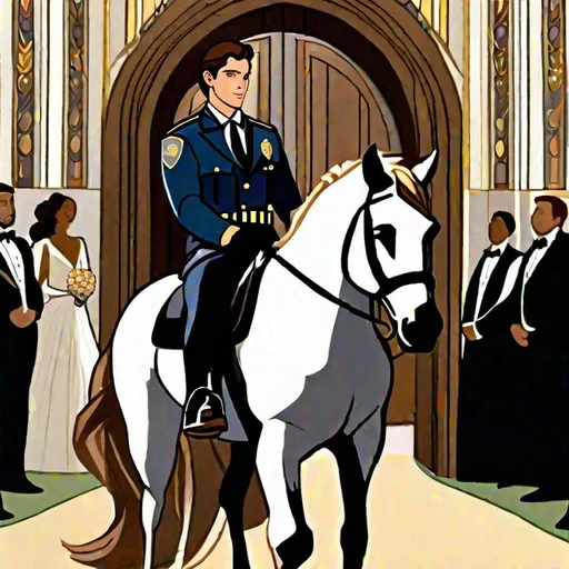 Prompt: Caleb  as a police officer (brown hair) (brown eyes) wearing a tuxedo, full body, ((riding a horse, pulling back on the reins, making the horse stand on its hind legs rearing up)) two large doors directly behind him, center, front-facing, stopping a wedding, objecting, still image, standing in the altar room