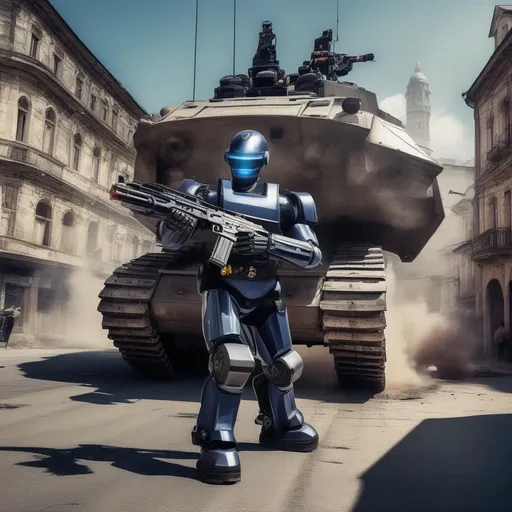 Prompt: a photograph robot police man with gun  fighting a big tank in a old city