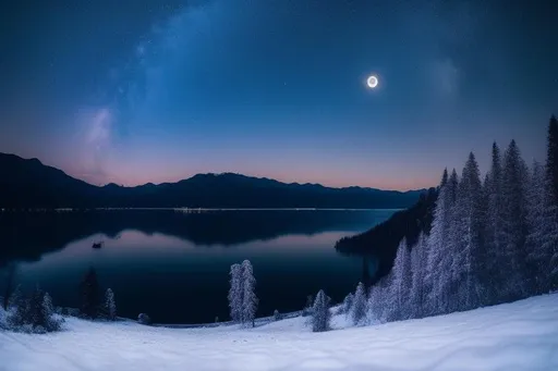 Prompt: Mountain snow night moon lake couple