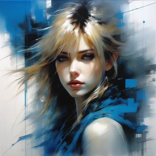 Prompt: Anime,full body, shiny skin, detailed face, detailed eyes, insanely , sci-fi, detailed, brown blond hair, wolfcut hair,  blue eyes, concept art by Stephen Gammell, Pino Daheny, Jeremy Mann, Alex Maleev, Carne_Griffiths, 32k, studio cinematic lighting, oil on canvas, fine art, super efficient light, crisp focus, graininess, feeling of passion, ideal body proportions.