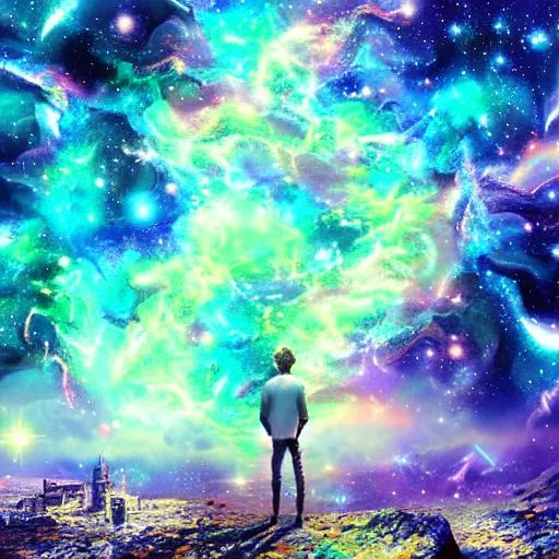 Prompt: Digital art epic perspective background or wallpaper art, brightly colored galaxies and stars in the background. Epic perspective ultra detailed digital art