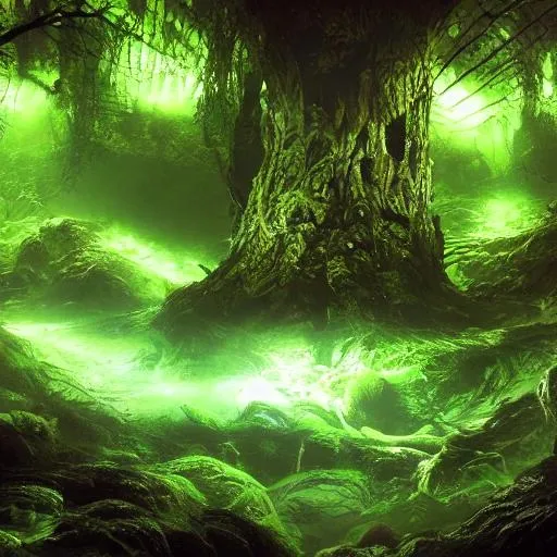 Prompt: alien hive, green glowing river, beautiful , 1080p, forest, realistic, haunting