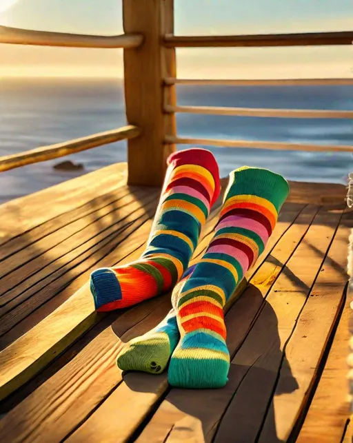 A pair of colorful legwarmers laid out on a wooden d...