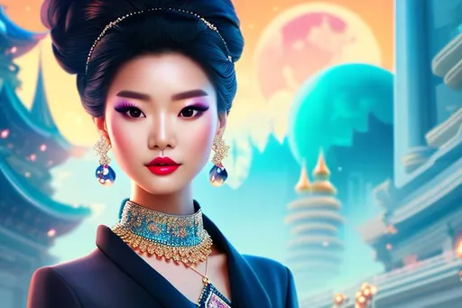 Prompt: head-on, surreal cartoon, high fashionista pose, glossy, walking toward viewer, stunning Korean queen with hair pulled back into a bun, she is dressed like a summer queen, dramatic jewelry, statement necklace, background is architecture lit by the moon,  trending on artstation