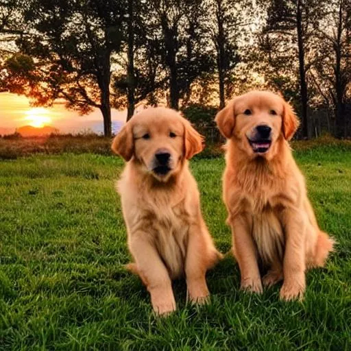 Prompt: cute golden retriever puppies with a sunset