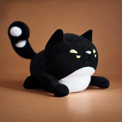 Prompt: cute kawaii squishy black cat plush toy, smooth texture, visible stitch line, soft smooth lighting, vibrant studio lighting, modular constructivism, physically based rendering, square image