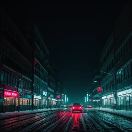 Prompt: photography in Elsa Bleda style, night in a big city, showing the crowded buildings illuminated by neon lighting, haze, gloomy mood, a dystopian feeling to the empty streets and snow-covered buildings.