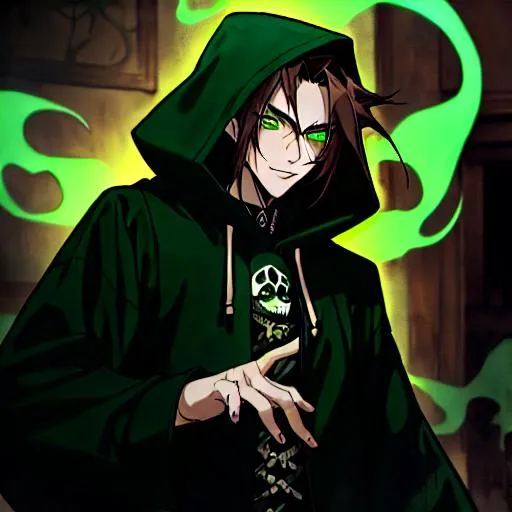 Prompt: Anime illustration of a 30-year-old male in a black hoodie with long dark brown hair and green eyes, gothic punk themed, in a haunted house with ghostly apparitions, detailed eyes, yokai, anime, gothic punk, haunted house, detailed hair, green eyes, male, atmospheric lighting