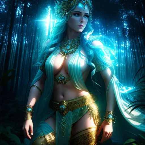 Prompt: 3D HD dramatic cinematic lighting [({one}{(Beautiful benevolent {goddess}female liquid}, expansive magical forest background, hyper realistic, 8K --s98500