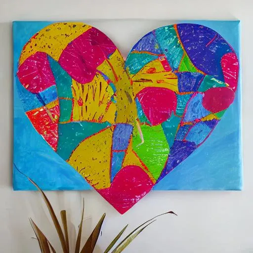 Prompt: many colourful children's palm prints on a large heart on canvas
