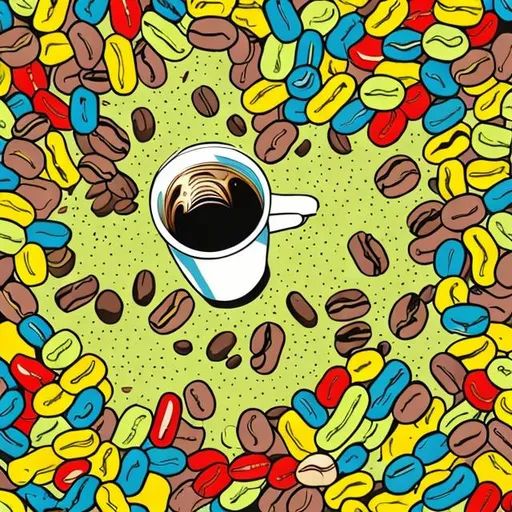 Prompt: pop art of jumping coffee beans, In pop art, material is sometimes visually removed from its known context, isolated, or combined with unrelated material,bright colors,