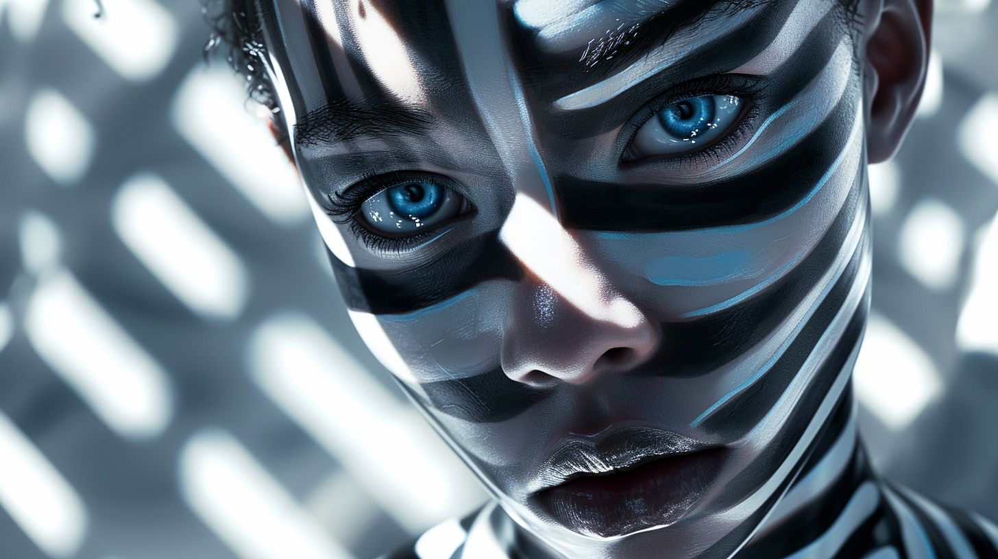 Prompt: futuristic girl with blue eyes and a black face, in the style of stripes and shapes, superheroes, silver and navy, symmetrical grid, magali villeneuve, high contrast lighting, iconic imagery Image size 1456x816px 1.91 MB